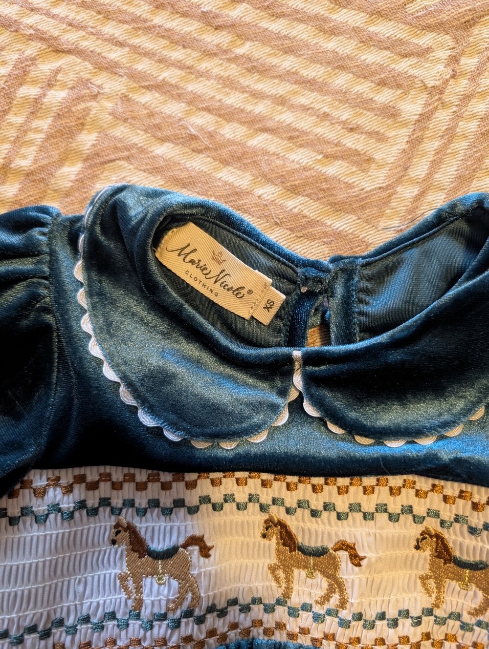 Velvet Smocked Horse Dress - Navy Blue - Picture 2 of 3